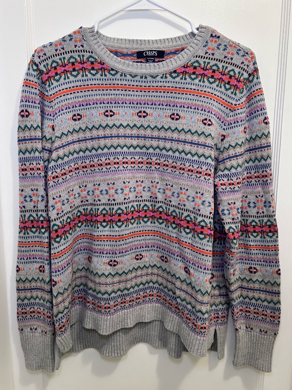 Chaps Gray Fair Isle Multi Color Crewneck Knit Pullover Sweater Women’s XL